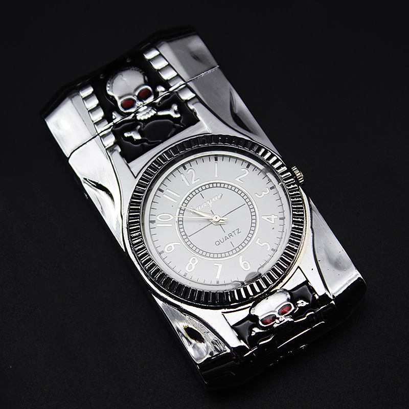 Gold Watch Style Jet Torch Turbo Gas Lighter Luxurious Design - Skull Silver