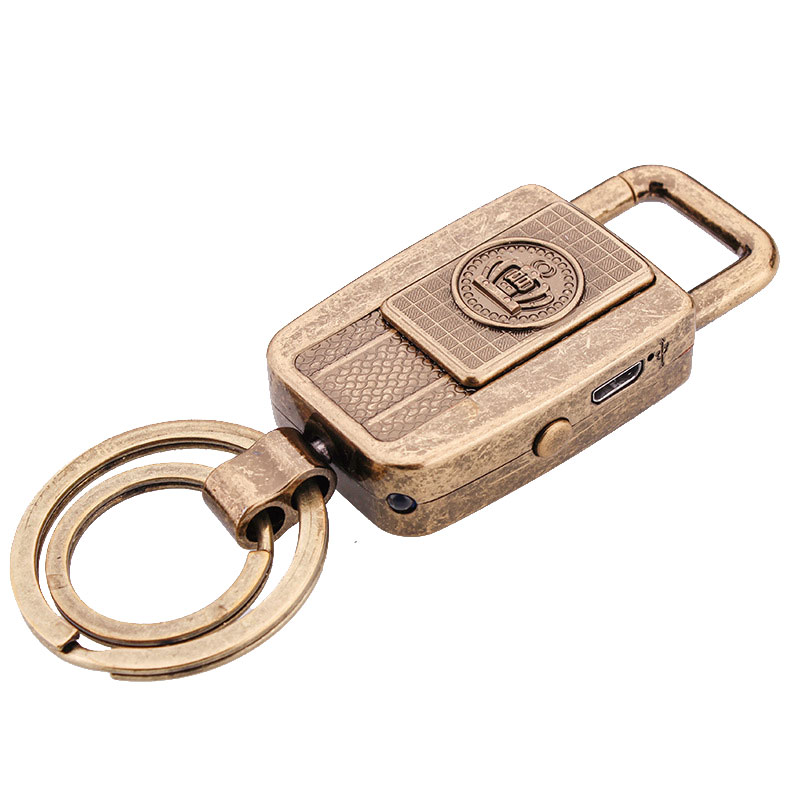 USB Rechargeable Metal Lighter with LED Torch Key Ring Windproof Ideal Gift for Men - Bronze Crown
