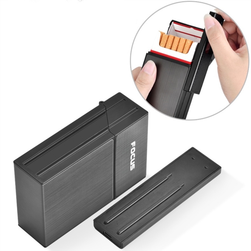 FOCUS Cigarette Case Box with Lighter Windproof Portable Metal Holder for 20 Cigarettes