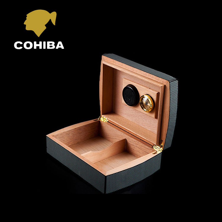 Black Carbon Fiber Cedar Wood Humidor Mini Box with Hygrometer Humidifier for Cuban Cigar Storage