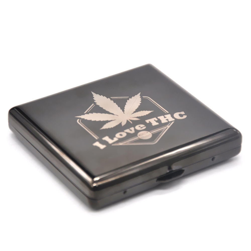 Rainbow Black Metal Cigarette Case 90mm x 80mm Holds 20 Regular Size Cigarettes with Logo 2 Clips