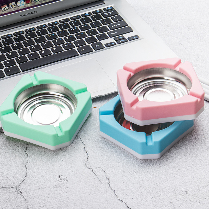 Candy-colored Plastic Stainless Steel Ashtray Square Edging Smoking Tool Home Office Cigarette Accessory