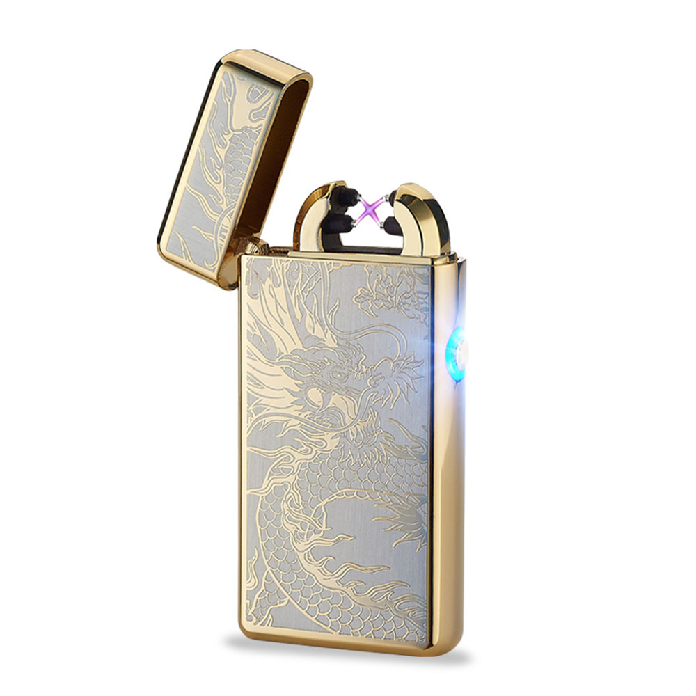 Double Plasma Arc USB Lighter Windproof Electronic Gadget for Men - gold dragon