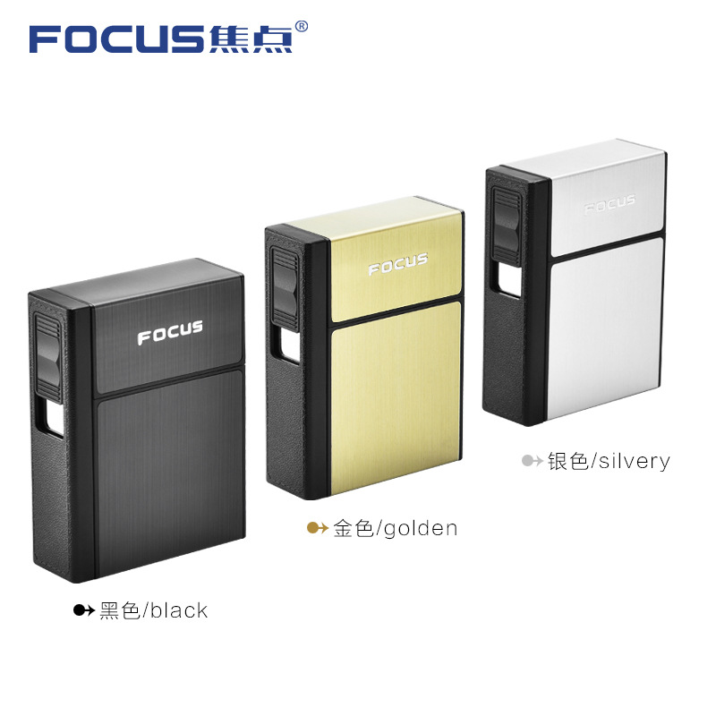 FOCUS Cigarette Case Box with Lighter Windproof Portable Metal Holder for 20 Cigarettes