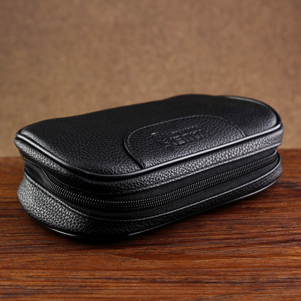 Black Leather Smoking Pipe Bag Litchi Pattern Tobacco Pouch for 2 Pipes