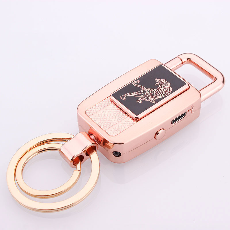 USB Rechargeable Metal Lighter with LED Torch Key Ring Windproof Ideal Gift for Men - Rose Gold Tiger