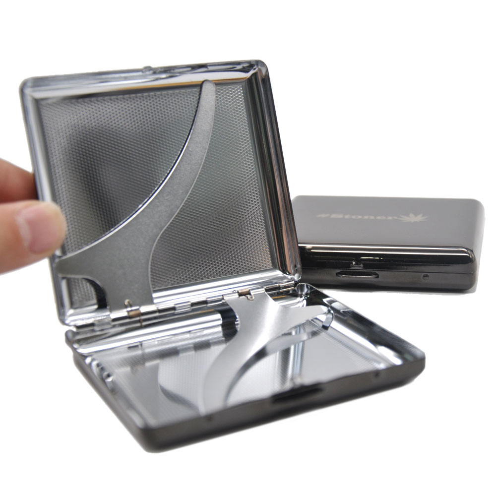 Rainbow Black Metal Cigarette Case 90mm x 80mm Holds 20 Regular Size Cigarettes with Logo 2 Clips
