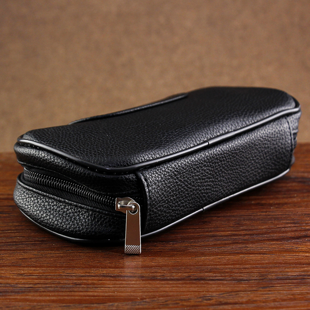 Black Leather Smoking Pipe Bag Litchi Pattern Tobacco Pouch for 2 Pipes