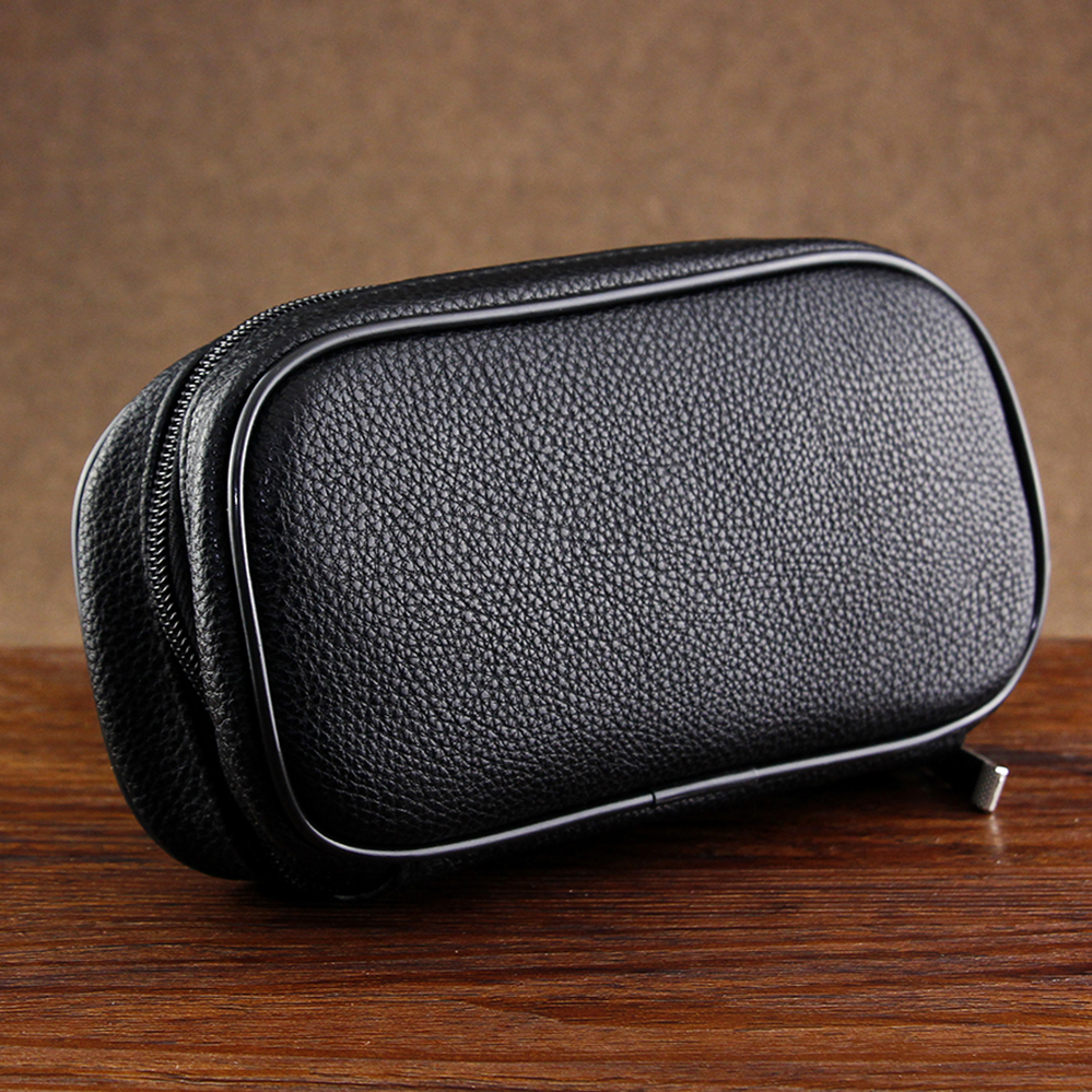 Black Leather Smoking Pipe Bag Litchi Pattern Tobacco Pouch for 2 Pipes