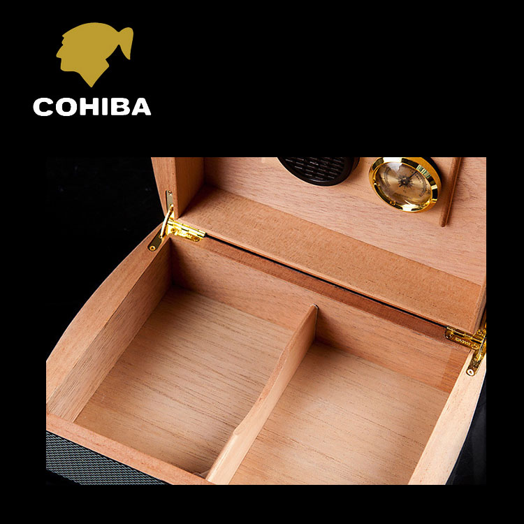 Black Carbon Fiber Cedar Wood Humidor Mini Box with Hygrometer Humidifier for Cuban Cigar Storage