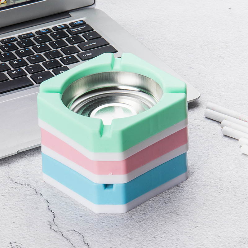Candy-colored Plastic Stainless Steel Ashtray Square Edging Smoking Tool Home Office Cigarette Accessory