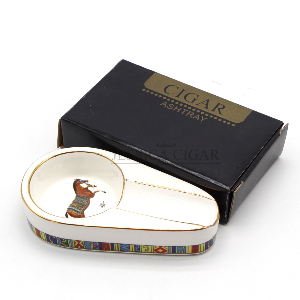 Luxury Ceramic Horse Pattern Cigar Ashtray Retro 1 Cigar Rest for Office Portable Holder with Gift Box
