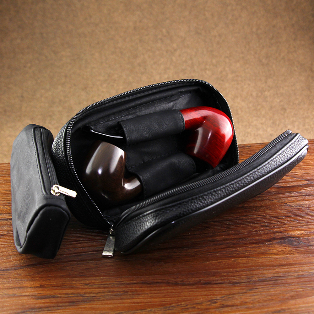 Black Leather Smoking Pipe Bag Litchi Pattern Tobacco Pouch for 2 Pipes