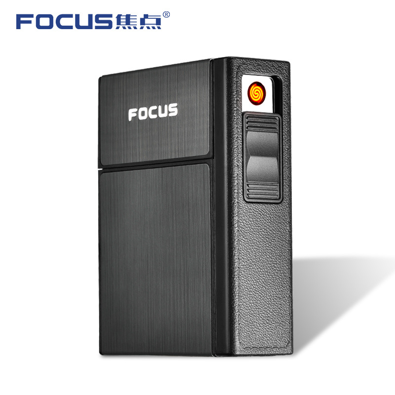 FOCUS Cigarette Case Box with Lighter Windproof Portable Metal Holder for 20 Cigarettes