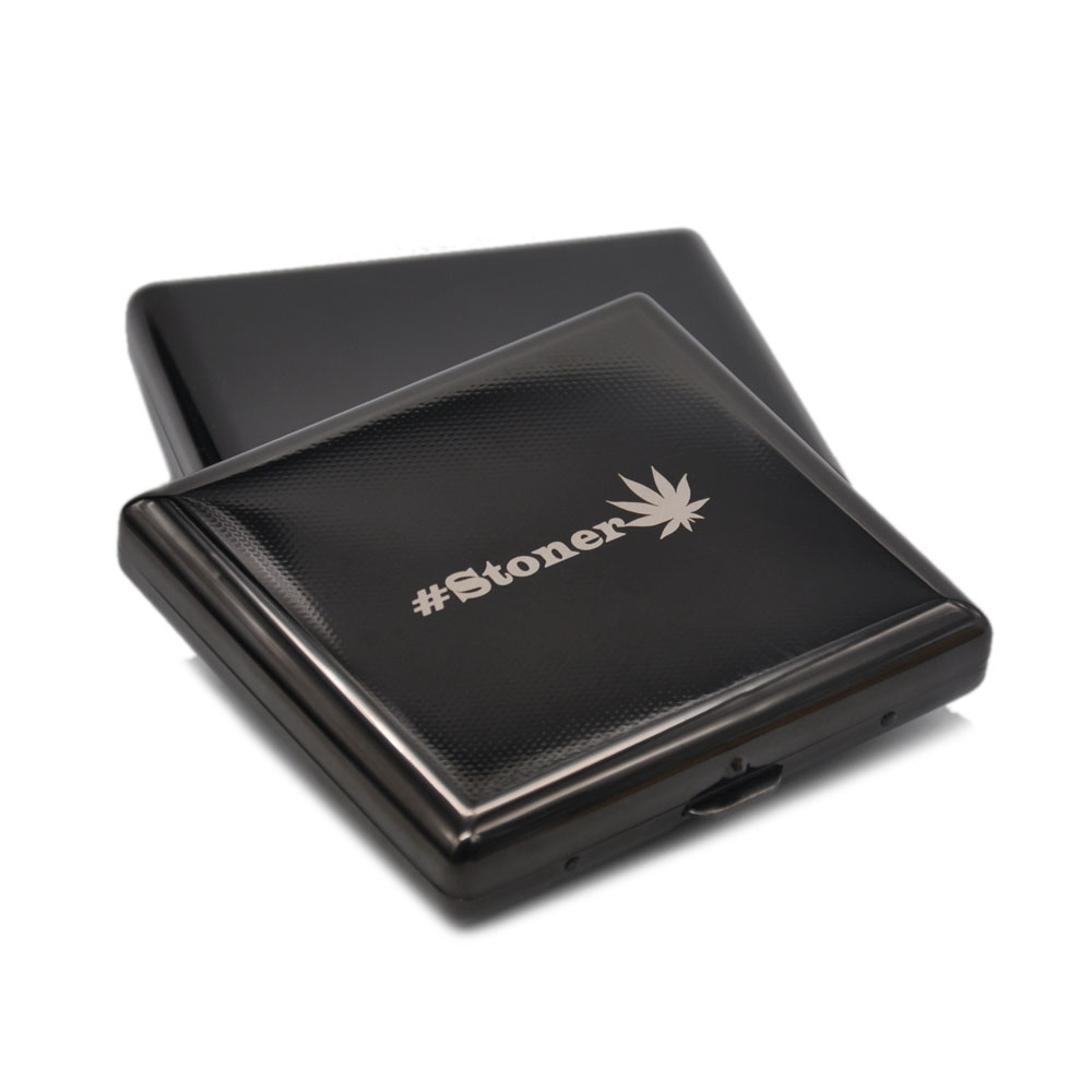 Rainbow Black Metal Cigarette Case 90mm x 80mm Holds 20 Regular Size Cigarettes with Logo 2 Clips