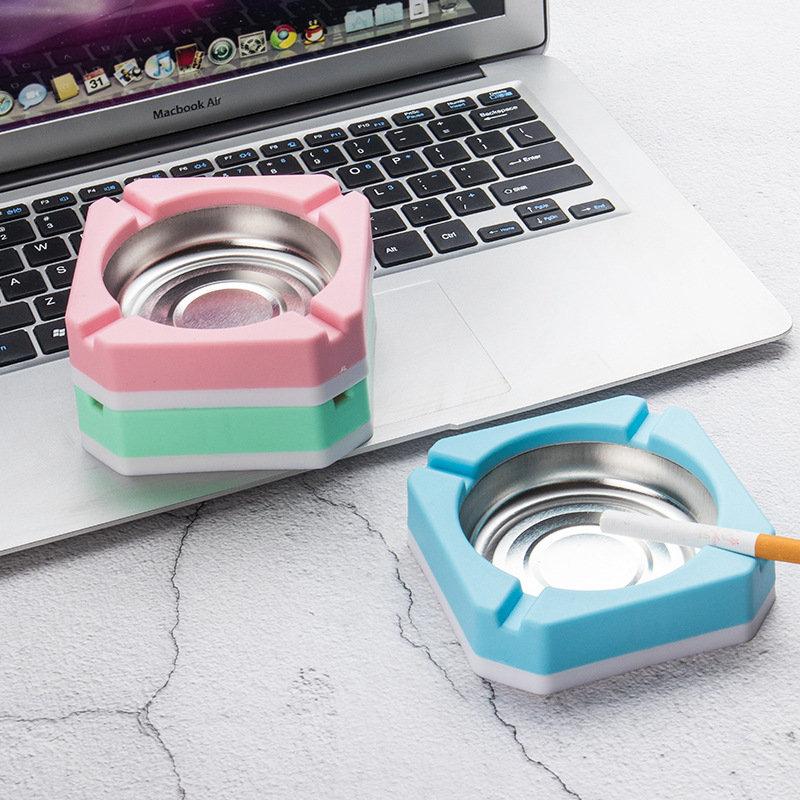 Candy-colored Plastic Stainless Steel Ashtray Square Edging Smoking Tool Home Office Cigarette Accessory