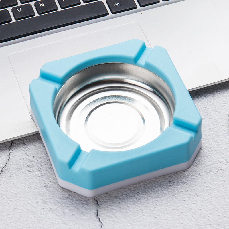 Candy-colored Plastic Stainless Steel Ashtray Square Edging Smoking Tool Home Office Cigarette Accessory