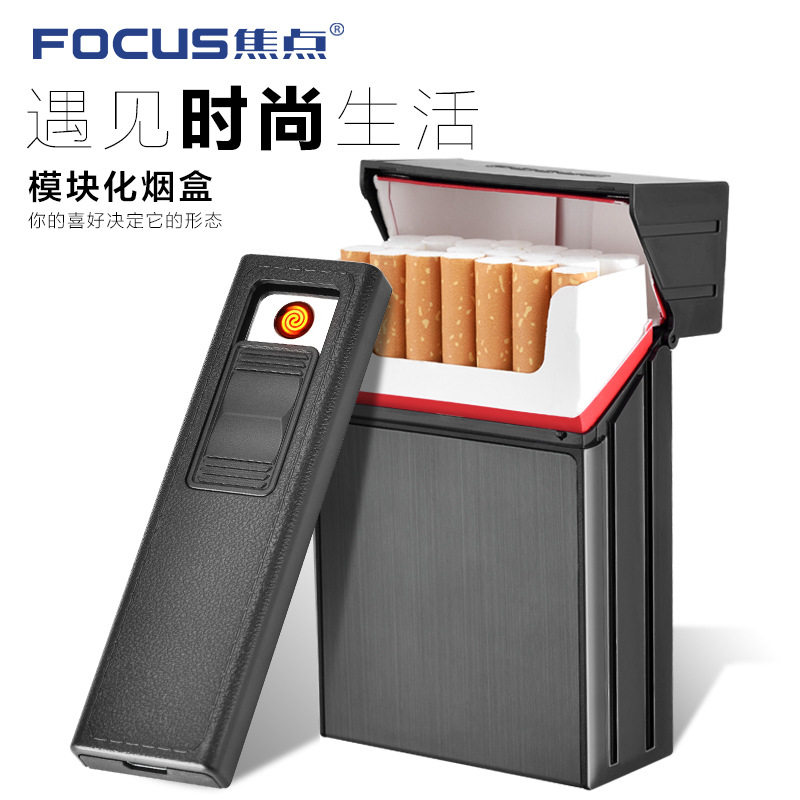 FOCUS Cigarette Case Box with Lighter Windproof Portable Metal Holder for 20 Cigarettes