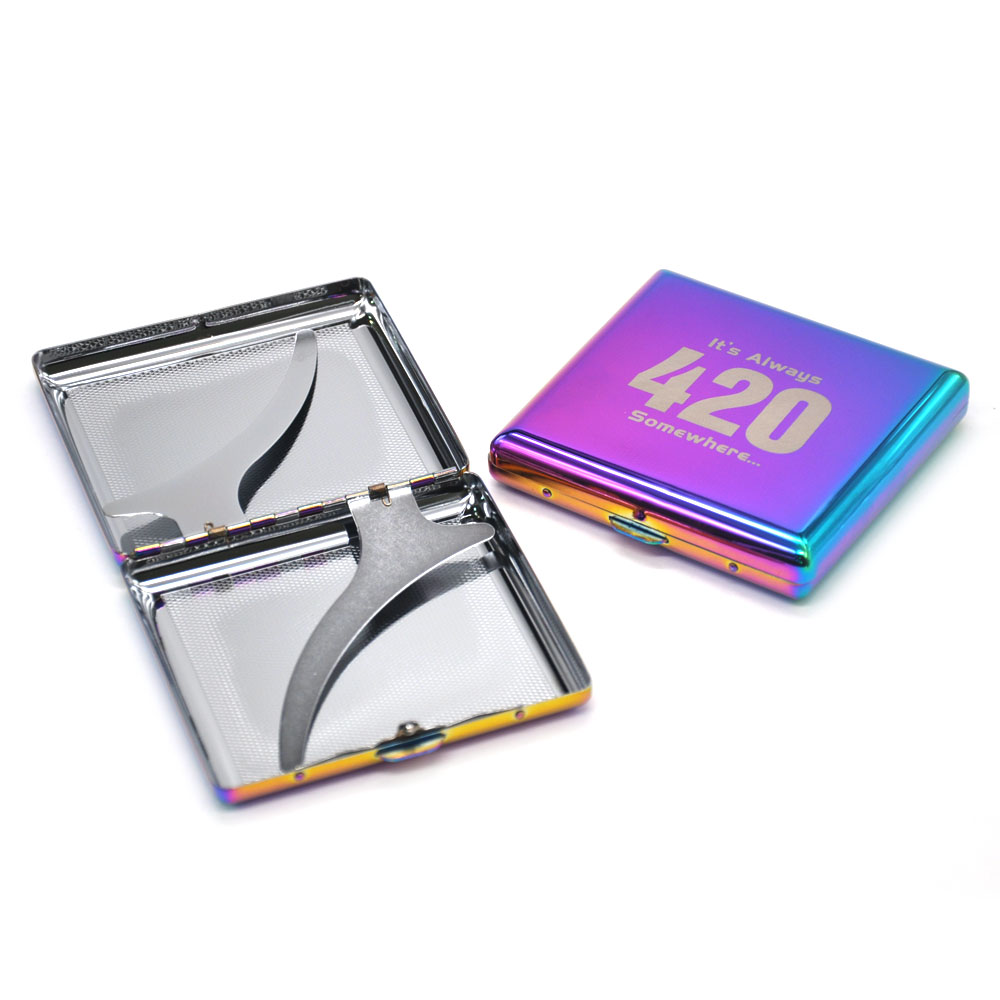Rainbow Black Metal Cigarette Case 90mm x 80mm Holds 20 Regular Size Cigarettes with Logo 2 Clips