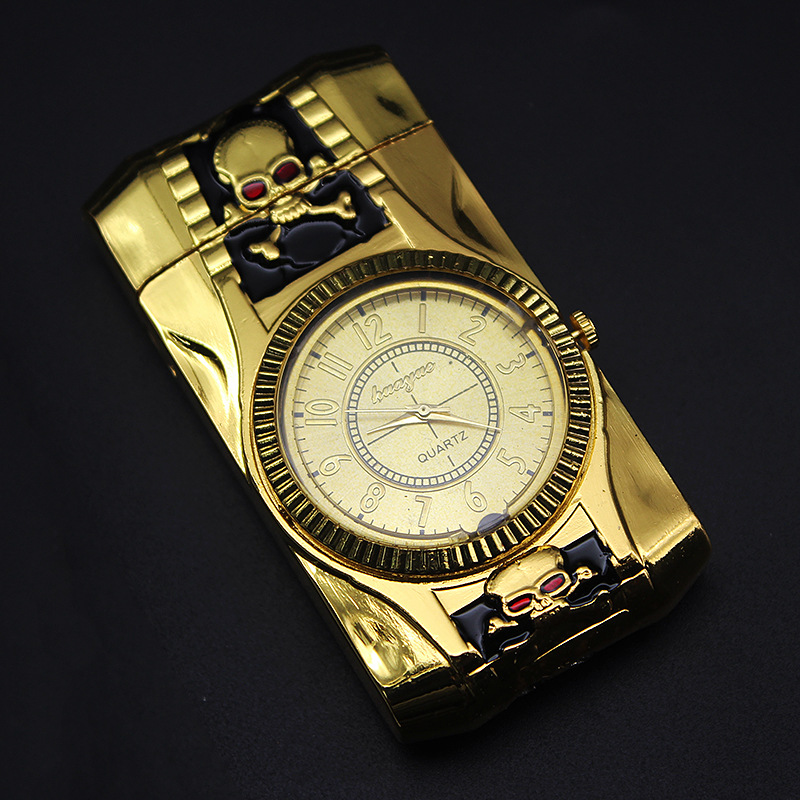 Gold Watch Style Jet Torch Turbo Gas Lighter Luxurious Design - Skull Gold