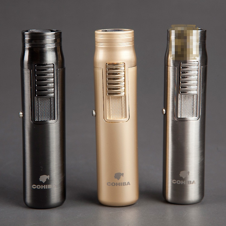 Luxury Portable Single Torch Jet Flame Air inflation Three Color Cigar Lighter W/ Cigar Drill CL-82 COHIBA Luxury Portable Single Torch Jet Flame Air inflation Three Color Cigar Lighter W/ Cigar Drill CL-82