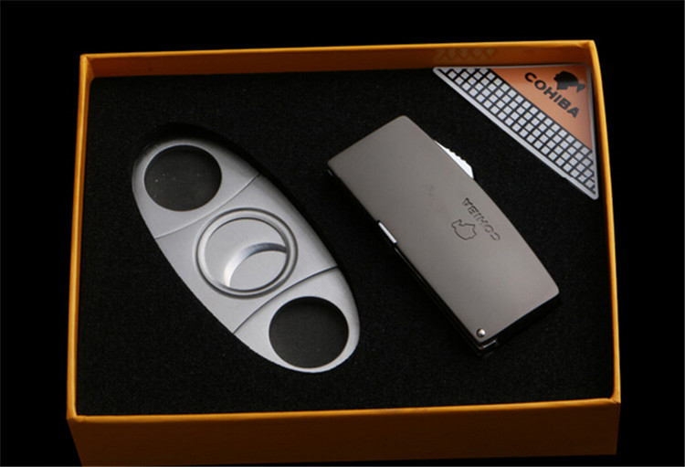 Business Gifts Metal Windproof 2 Torch Jet Flame Gas 3 Punch Cigarette Cigar Lighter With Cigar Cutter COHIBA Business Gifts Metal Windproof 2 Torch Jet Flame Gas 3 Punch Cigarette Cigar Lighter With Cigar Cutter