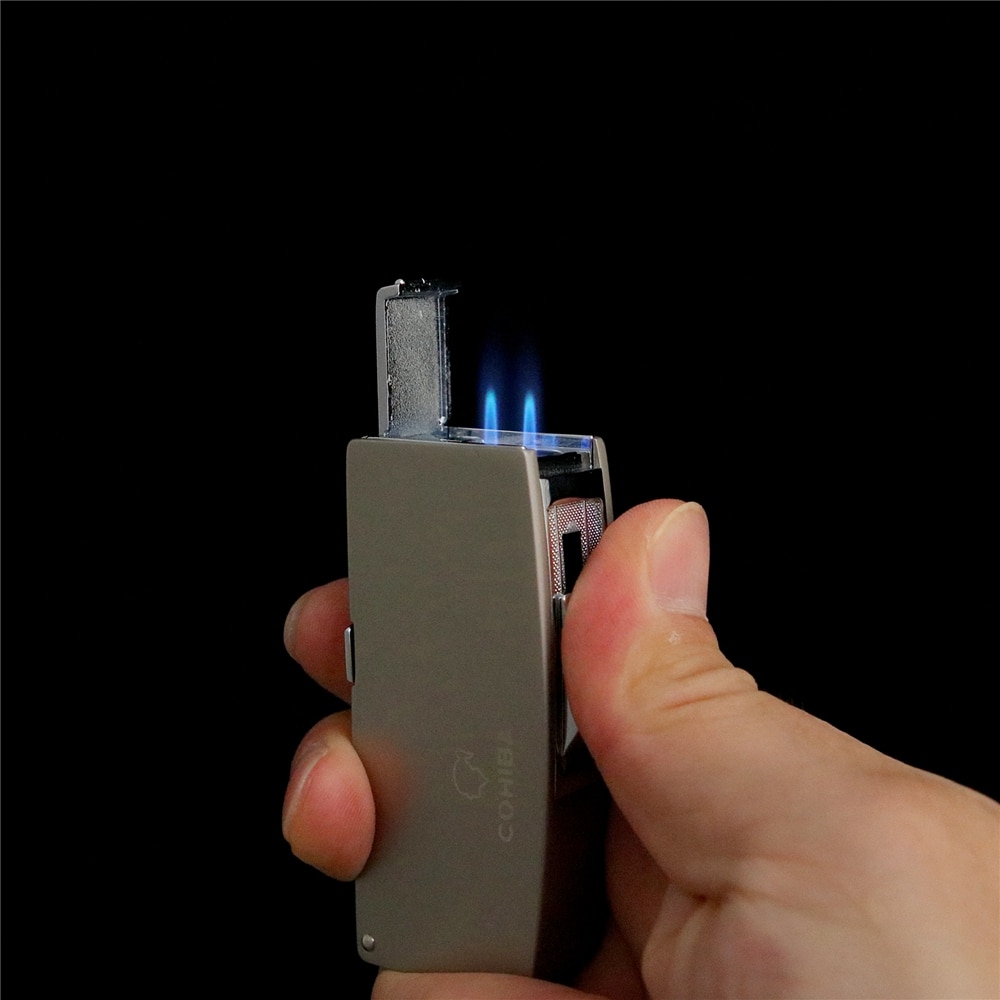 Metal Cigar Lighter Windproof 2 Blue Torch Jet Flame Cigarette Refillable Inflatable Butane Gas Lighters Gift Box 2018 COHIBA Metal Cigar Lighter Windproof 2 Blue Torch Jet Flame Cigarette Refillable Inflatable Butane Gas Lighters Gift Box