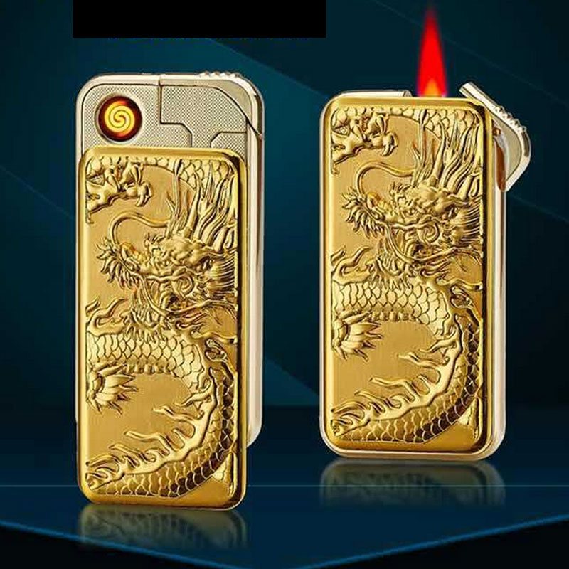 Electronic Lighter Both Rechargeable and Refillable Gas Windproof Metal 3D Dragon Tiger Eagle USB Cigarette Lighter