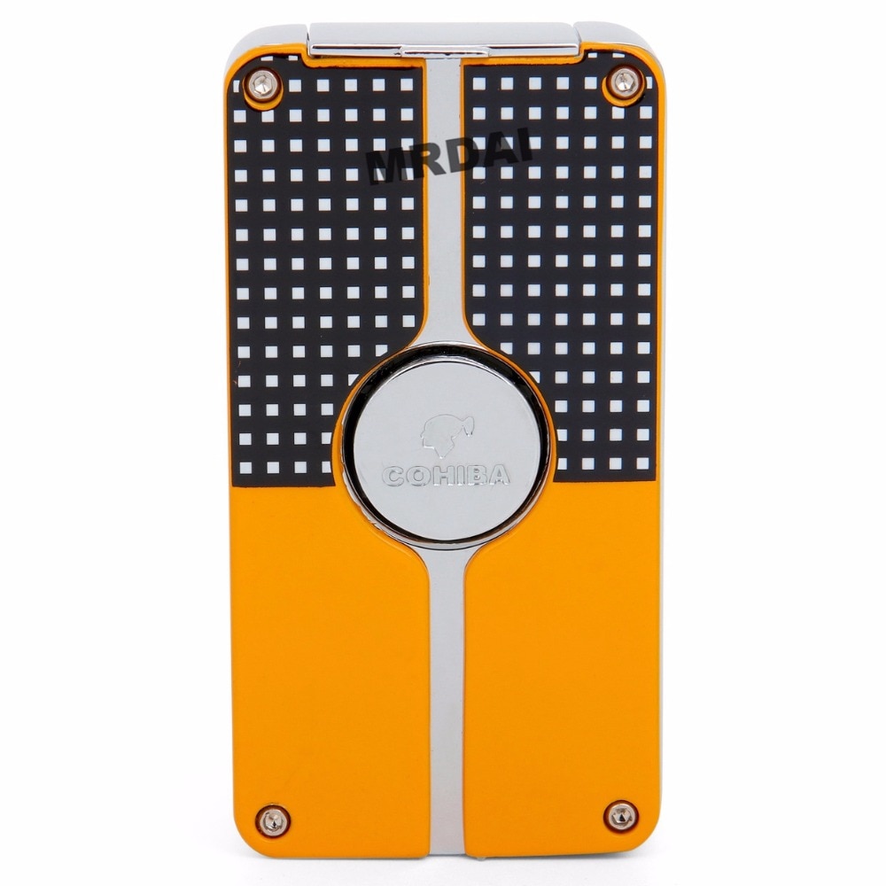 Metal Middle Button Cigar Lighter Windproof 3 Blue Torch Jet Flame Cigarette Refillable Inflatable Butane Gas Lighters COHIBA Metal Middle Button Cigar Lighter Windproof 3 Blue Torch Jet Flame Cigarette Refillable Inflatable Butane Gas Lighters