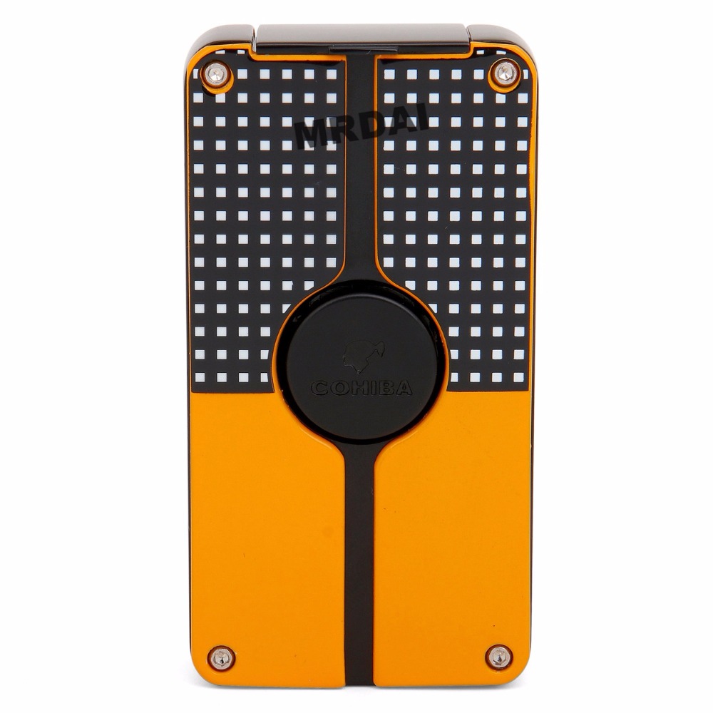 Metal Middle Button Cigar Lighter Windproof 3 Blue Torch Jet Flame Cigarette Refillable Inflatable Butane Gas Lighters COHIBA Metal Middle Button Cigar Lighter Windproof 3 Blue Torch Jet Flame Cigarette Refillable Inflatable Butane Gas Lighters