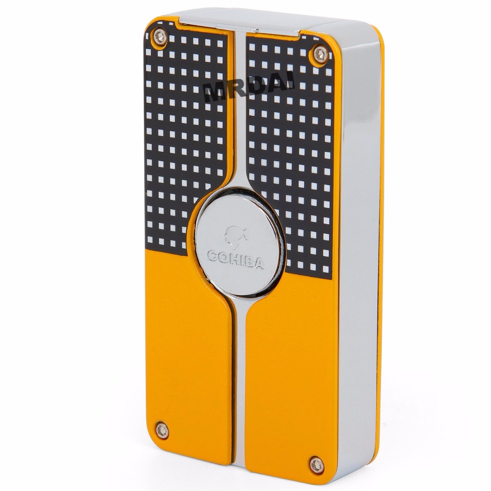 Metal Middle Button Cigar Lighter Windproof 3 Blue Torch Jet Flame Cigarette Refillable Inflatable Butane Gas Lighters COHIBA Metal Middle Button Cigar Lighter Windproof 3 Blue Torch Jet Flame Cigarette Refillable Inflatable Butane Gas Lighters