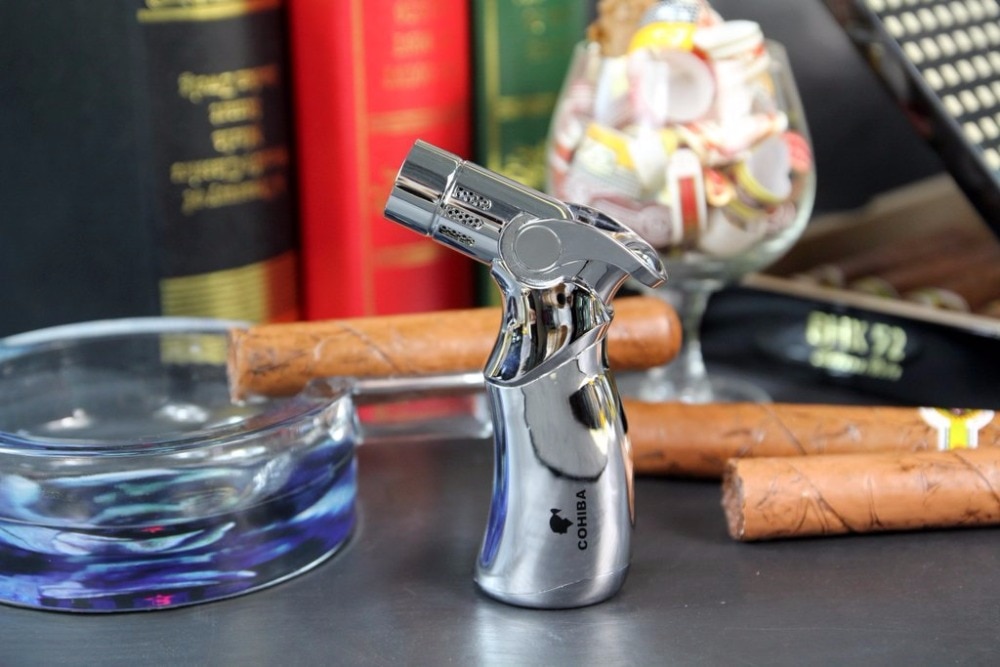Original Tool Pocket Size Gloss Yellow Metal Gun Shape Gas Windproof 3 Torch Flame Cigarette Cigar Lighter fire starter Original COHIBA Tool Pocket Size Gloss Yellow Metal Gun Shape Gas Windproof 3 Torch Flame Cigarette Cigar Lighter fire starter