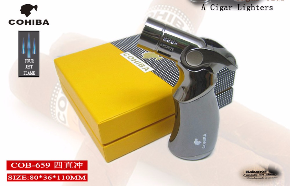 Original Tool Pocket Size Gloss Yellow Metal Gun Shape Gas Windproof 3 Torch Flame Cigarette Cigar Lighter fire starter Original COHIBA Tool Pocket Size Gloss Yellow Metal Gun Shape Gas Windproof 3 Torch Flame Cigarette Cigar Lighter fire starter