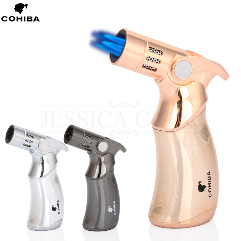 Gun Design Butane Gas Torch Lighter Windproof 4 Flame Cigar Cigarette Lighters Men’s Smoking Tool With Gift Box COHIBA Gun Design Butane Gas Torch Lighter Windproof 4 Flame Cigar Cigarette Lighters Men's Smoking Tool With Gift Box
