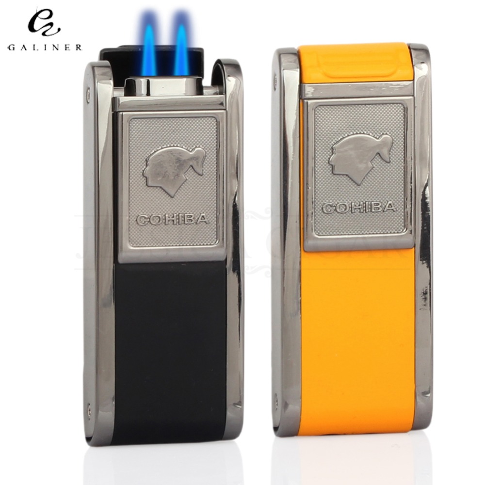 Classic Pattern Metal Refillable Gas 2 Torch Jet Fire Flame Cigar Lighter Windproof Cigarette Lighters With Cigar Punch