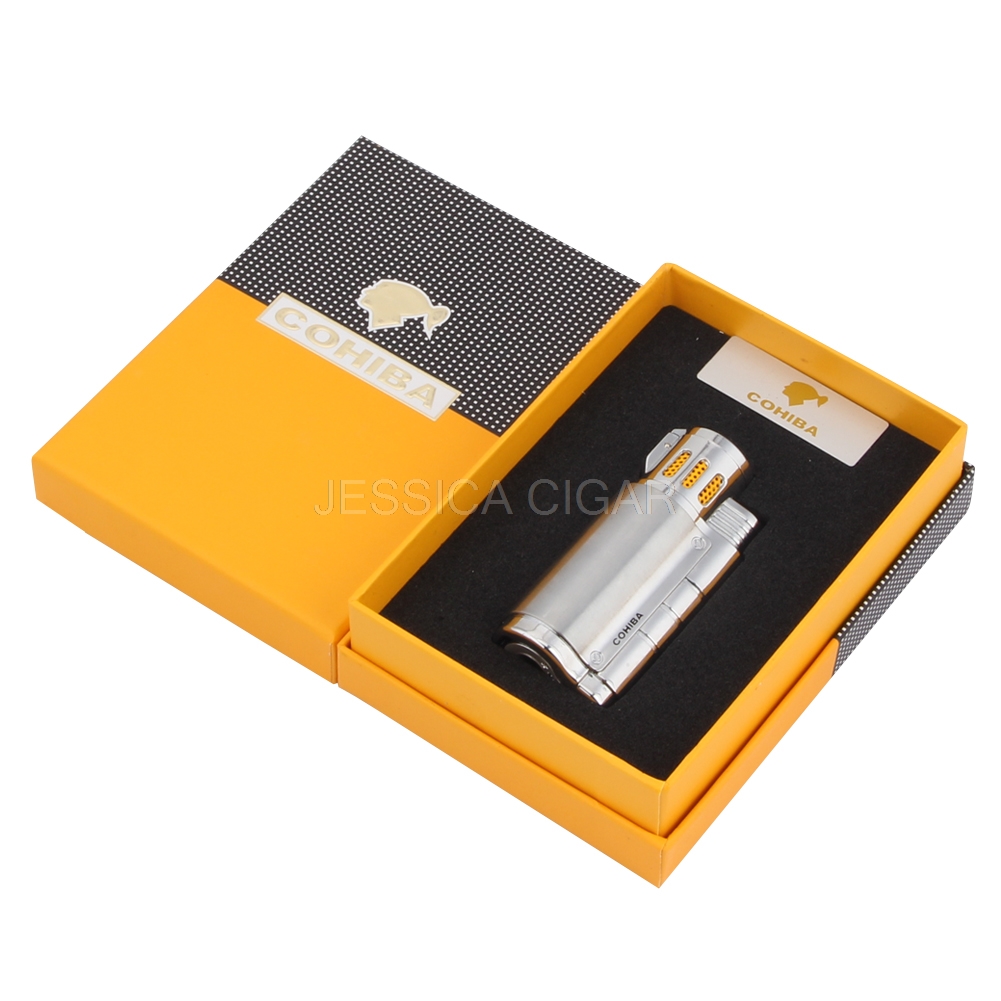 Silver Metal Refillable Butane Gas Pocket Cigar Lighter 3 Flame Fire Jet Cigarette Torch Lighters With Gift Box COHIBA High-end Silver Metal Refillable Butane Gas Pocket Cigar Lighter 3 Flame Fire Jet Cigarette Torch Lighters With Gift Box