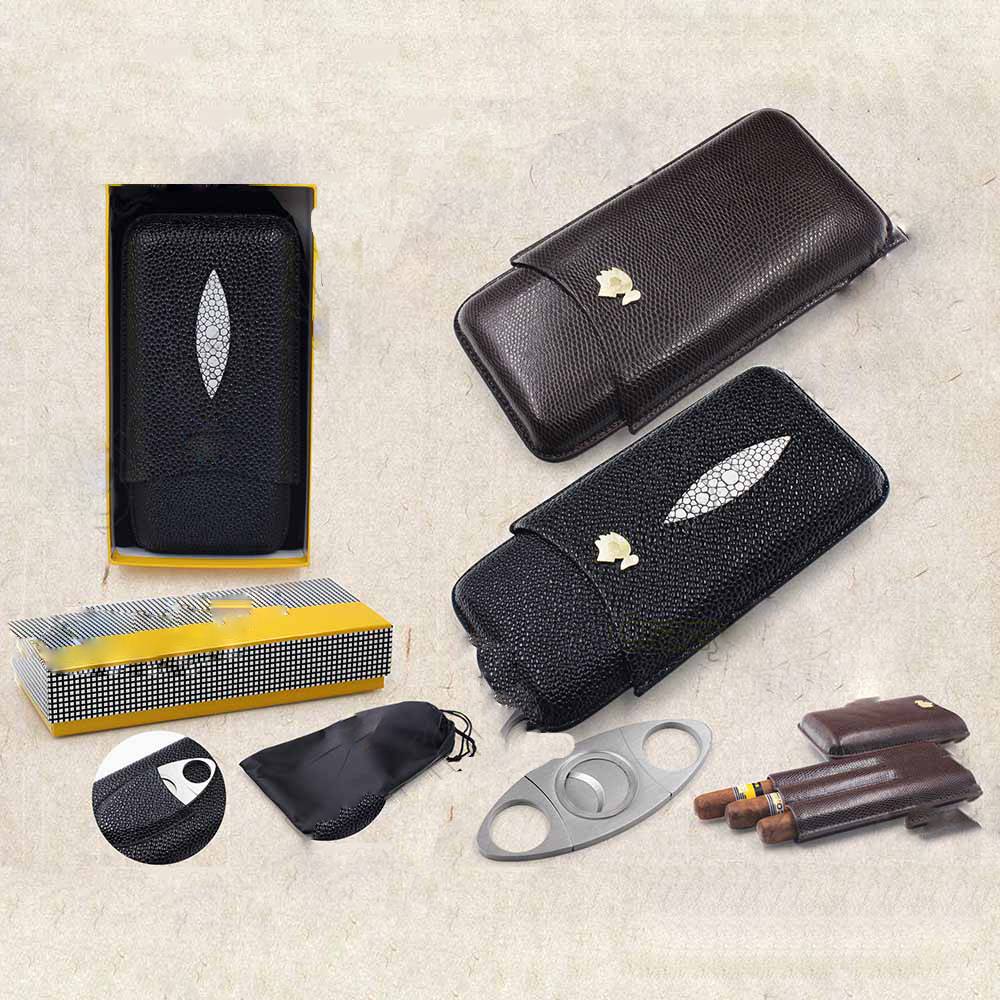 Cohiba Leather Travel Cigar Case Holder 3 Tube Humidor With Cutter Set