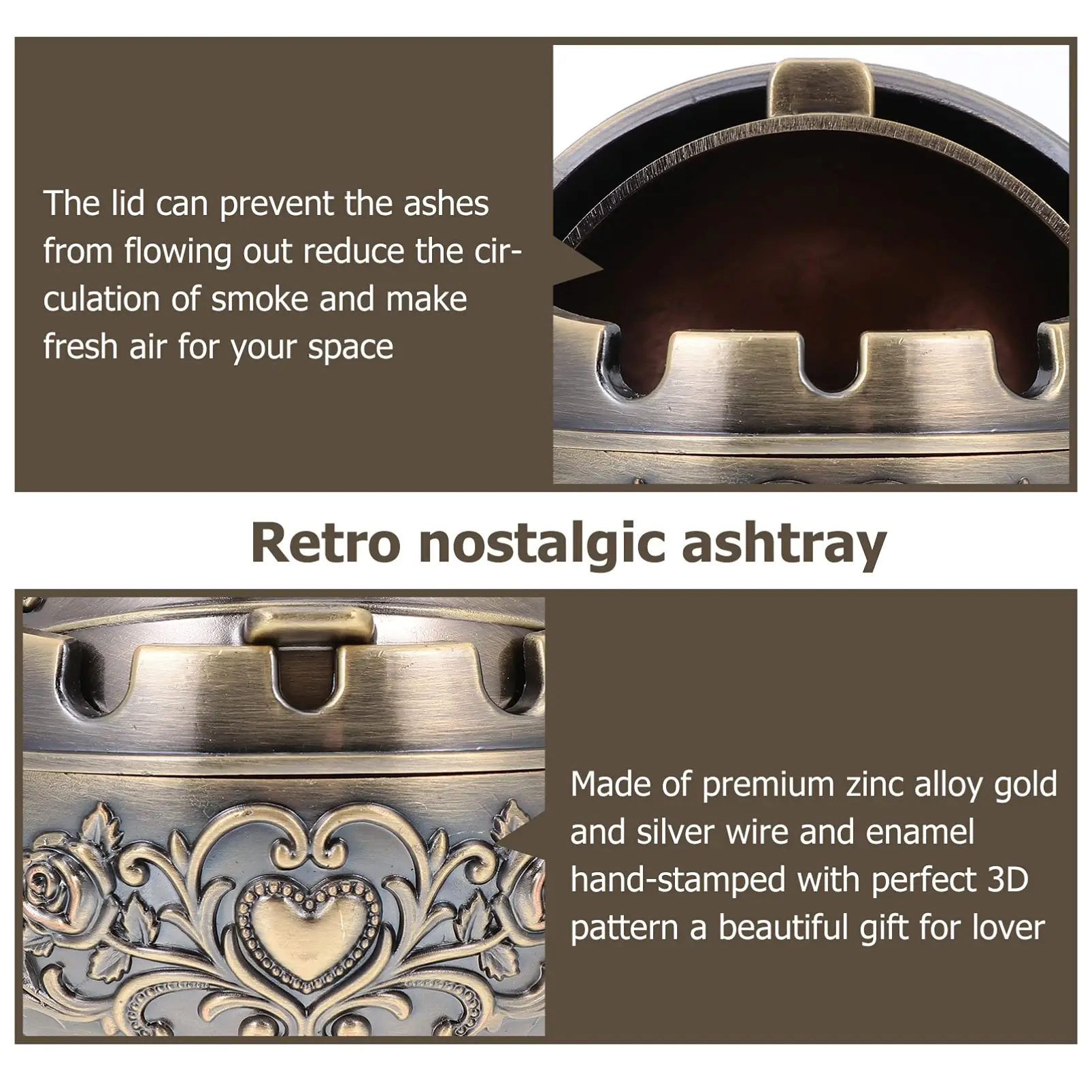 Retro Decorative Ashtray with Lid Metal Portable Cigar Ashtray Indoor and Outdoor Carved Gift Men's and Women's Smoking Set Retro Decorative Ashtray with Lid Metal Portable Cigar Ashtray Indoor and Outdoor Carved Gift Men's and Women's Smoking Set