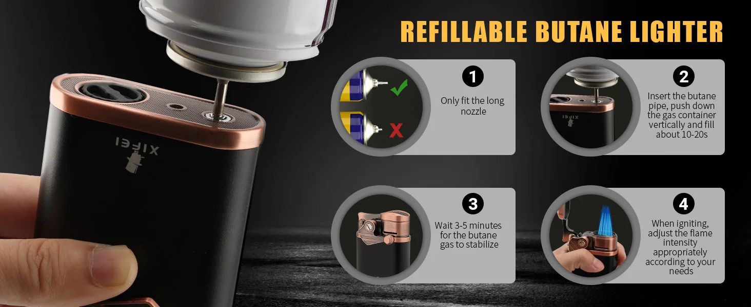 XIFEI Cigar Lighter 4 Jet Flame Torch Lighter with Cigar Holder, Windproof Rocker Arm Butane Lighter Adjustable Flame XIFEI Cigar Lighter 4 Jet Flame Torch Lighter with Cigar Holder, Windproof Rocker Arm Butane Lighter Adjustable Flame