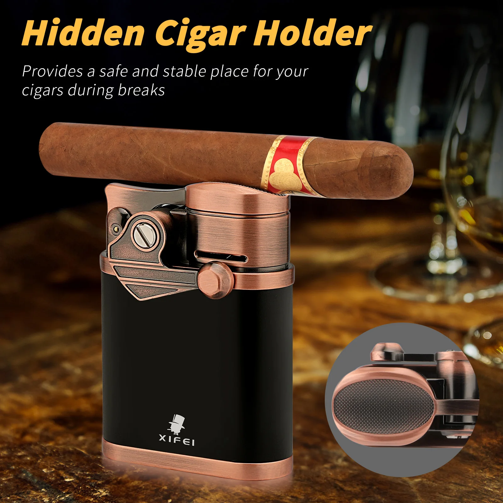 XIFEI Cigar Lighter 4 Jet Flame Torch Lighter with Cigar Holder, Windproof Rocker Arm Butane Lighter Adjustable Flame XIFEI Cigar Lighter 4 Jet Flame Torch Lighter with Cigar Holder, Windproof Rocker Arm Butane Lighter Adjustable Flame