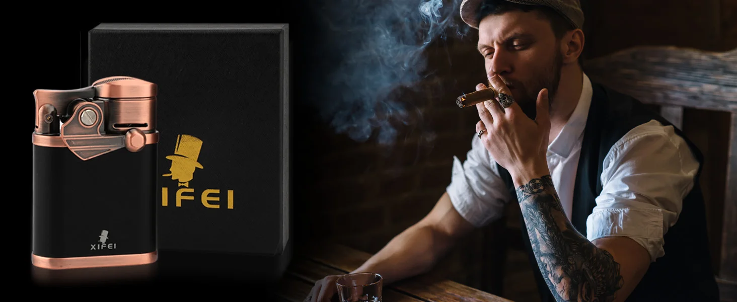 XIFEI Cigar Lighter 4 Jet Flame Torch Lighter with Cigar Holder, Windproof Rocker Arm Butane Lighter Adjustable Flame XIFEI Cigar Lighter 4 Jet Flame Torch Lighter with Cigar Holder, Windproof Rocker Arm Butane Lighter Adjustable Flame