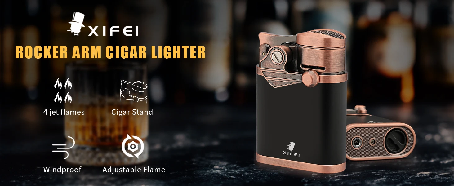 XIFEI Cigar Lighter 4 Jet Flame Torch Lighter with Cigar Holder, Windproof Rocker Arm Butane Lighter Adjustable Flame XIFEI Cigar Lighter 4 Jet Flame Torch Lighter with Cigar Holder, Windproof Rocker Arm Butane Lighter Adjustable Flame