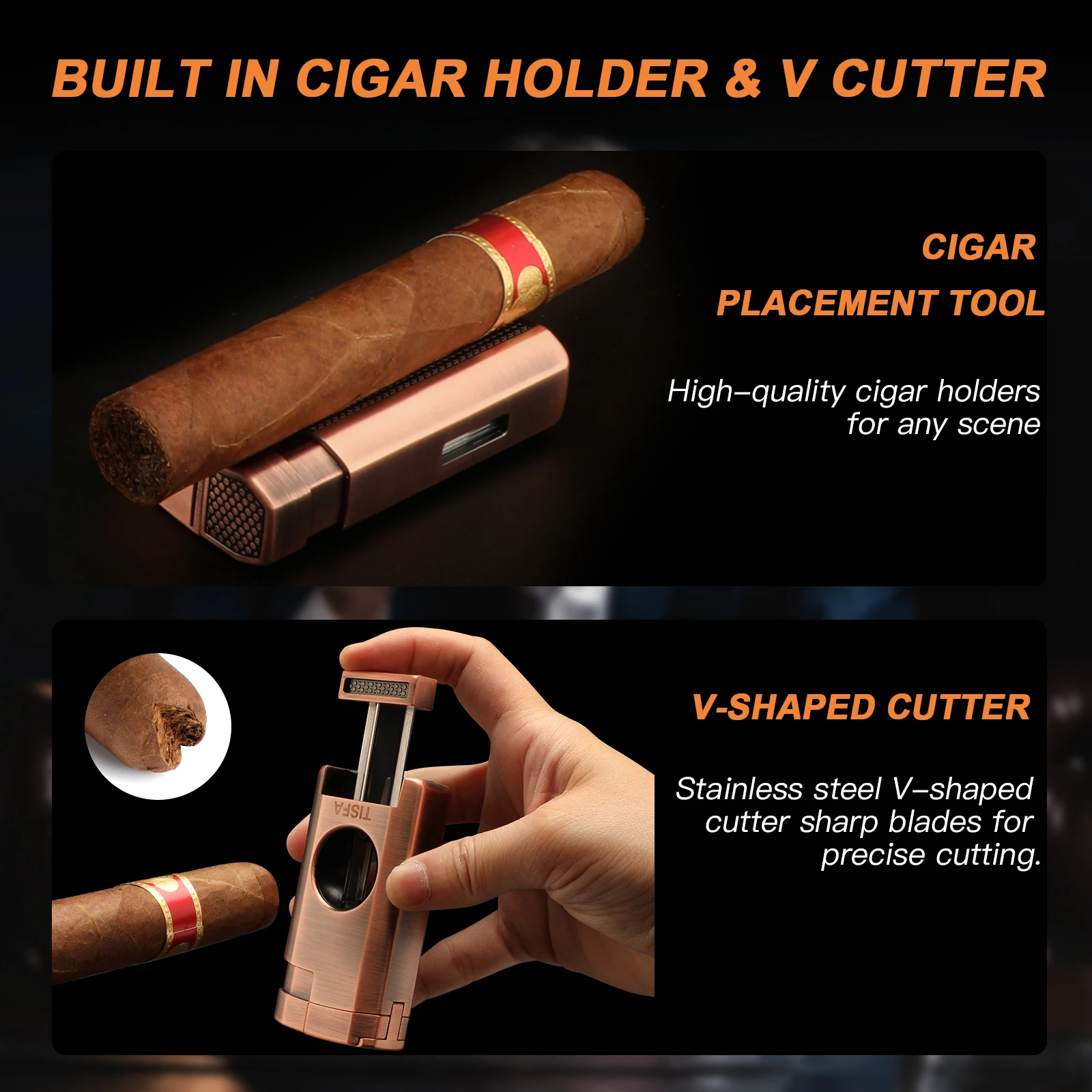 Cedar Wood Cigar Humidor Case with Lighter, V Cut Cutter, Holder Cedar Wood Cigar Humidor Case with Lighter, V Cut Cutter, Holder