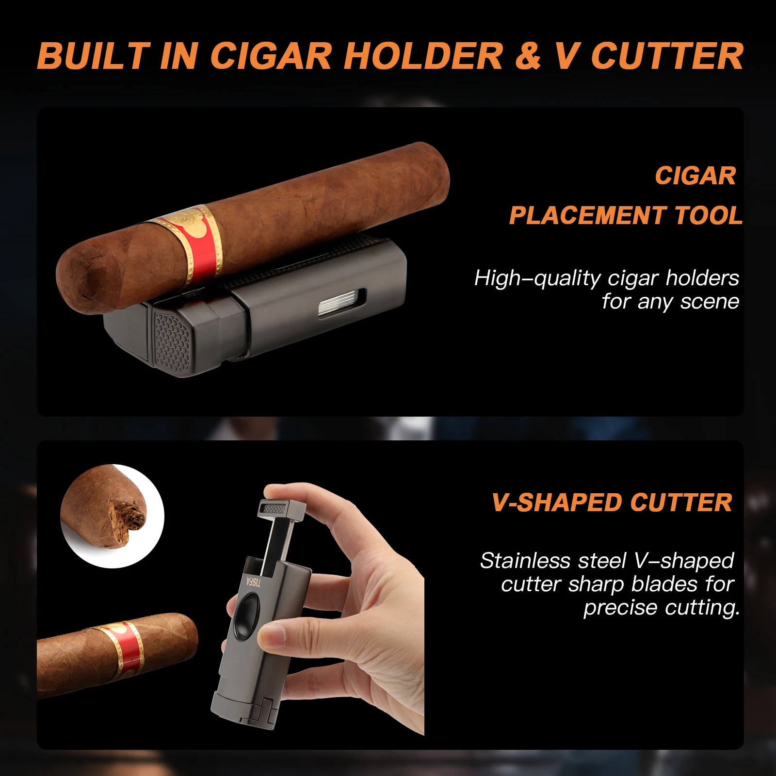 Cedar Wood Cigar Humidor Case with Lighter, V Cut Cutter, Holder Cedar Wood Cigar Humidor Case with Lighter, V Cut Cutter, Holder