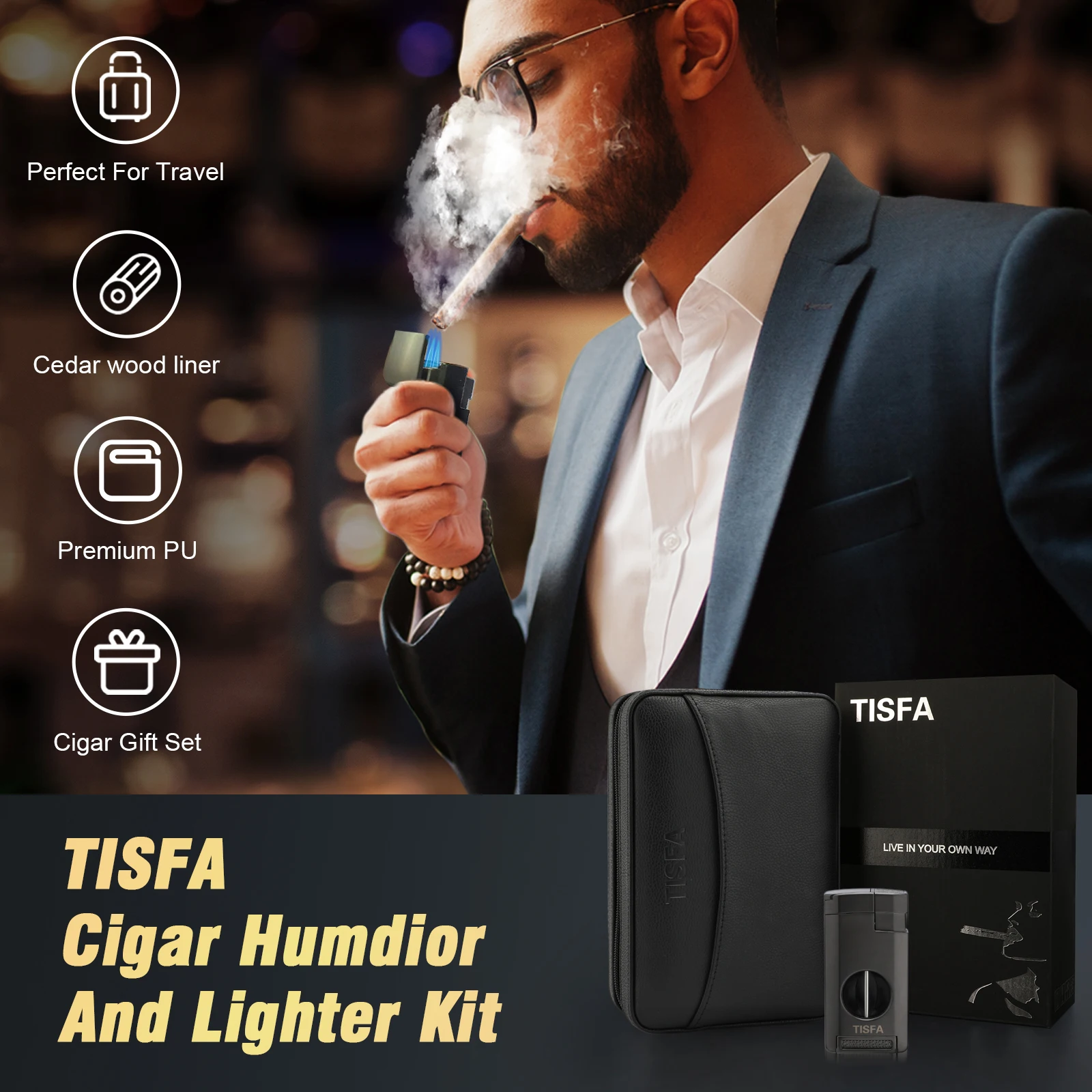 Cedar Wood Cigar Humidor Case with Lighter, V Cut Cutter, Holder Cedar Wood Cigar Humidor Case with Lighter, V Cut Cutter, Holder