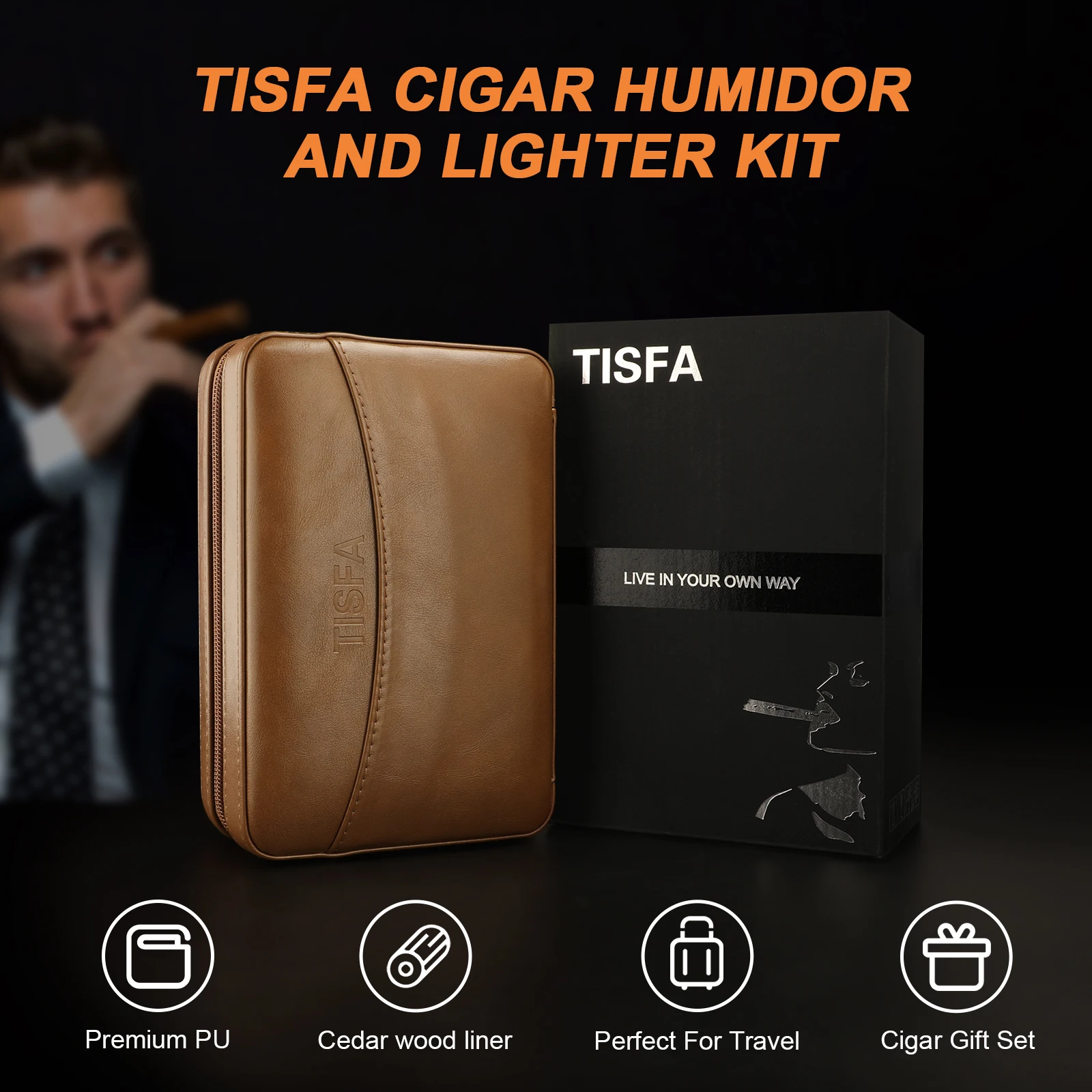 Cedar Wood Cigar Humidor Case with Lighter, V Cut Cutter, Holder Cedar Wood Cigar Humidor Case with Lighter, V Cut Cutter, Holder