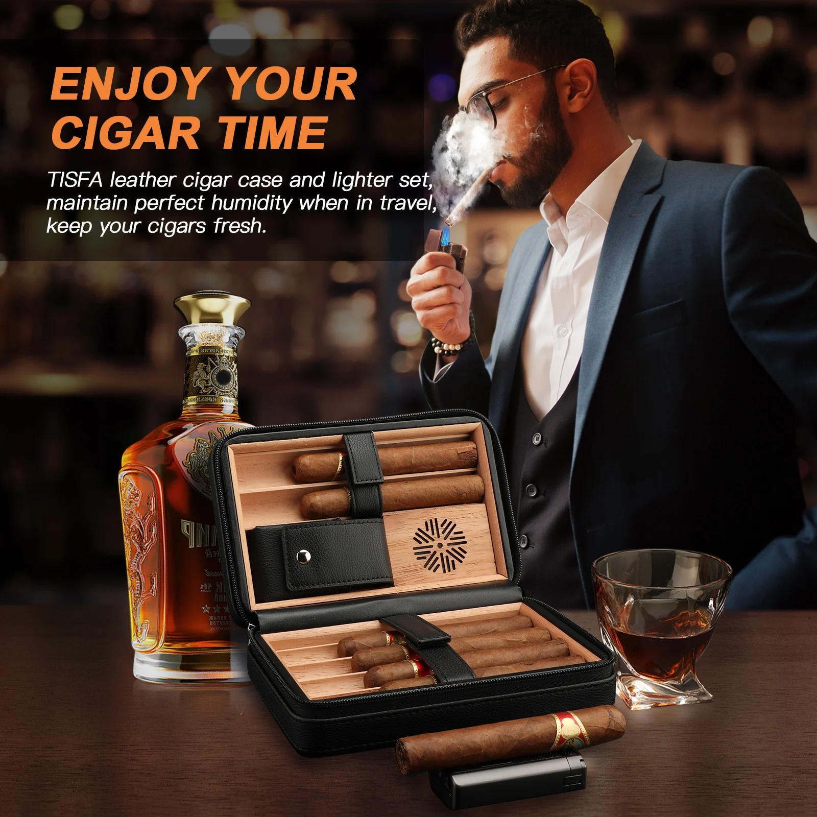 Cedar Wood Cigar Humidor Case with Lighter, V Cut Cutter, Holder Cedar Wood Cigar Humidor Case with Lighter, V Cut Cutter, Holder