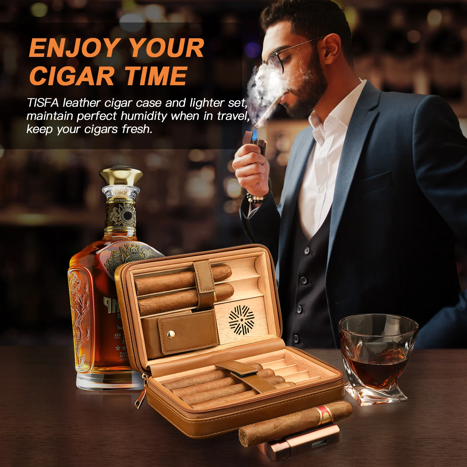 Cedar Wood Cigar Humidor Case with Lighter, V Cut Cutter, Holder Cedar Wood Cigar Humidor Case with Lighter, V Cut Cutter, Holder