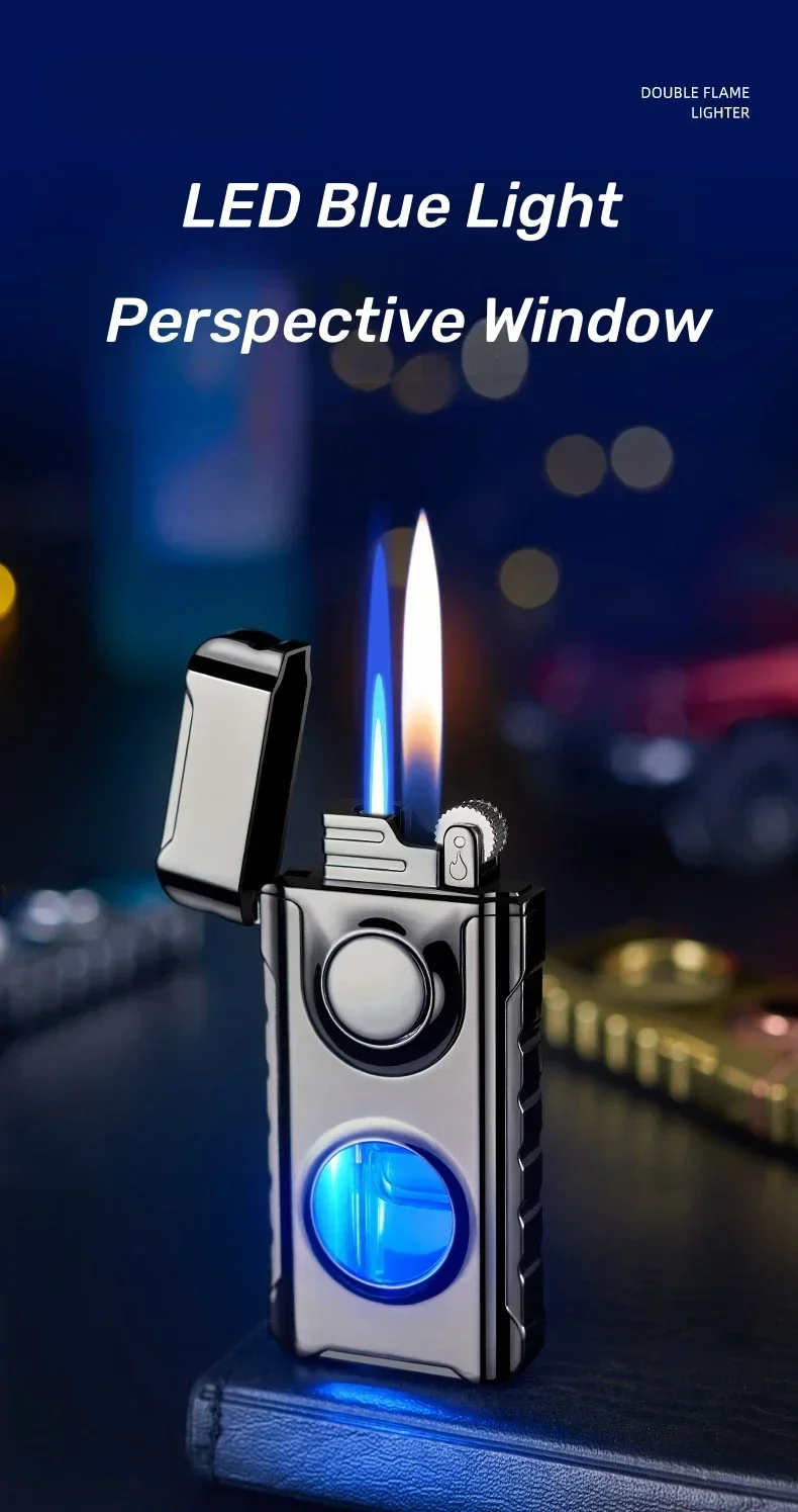 Blue Red Flame Torch Butane Gas Lighter - LED Light, Windproof, Portable Blue Red Flame Torch Butane Gas Lighter - LED Light, Windproof, Portable